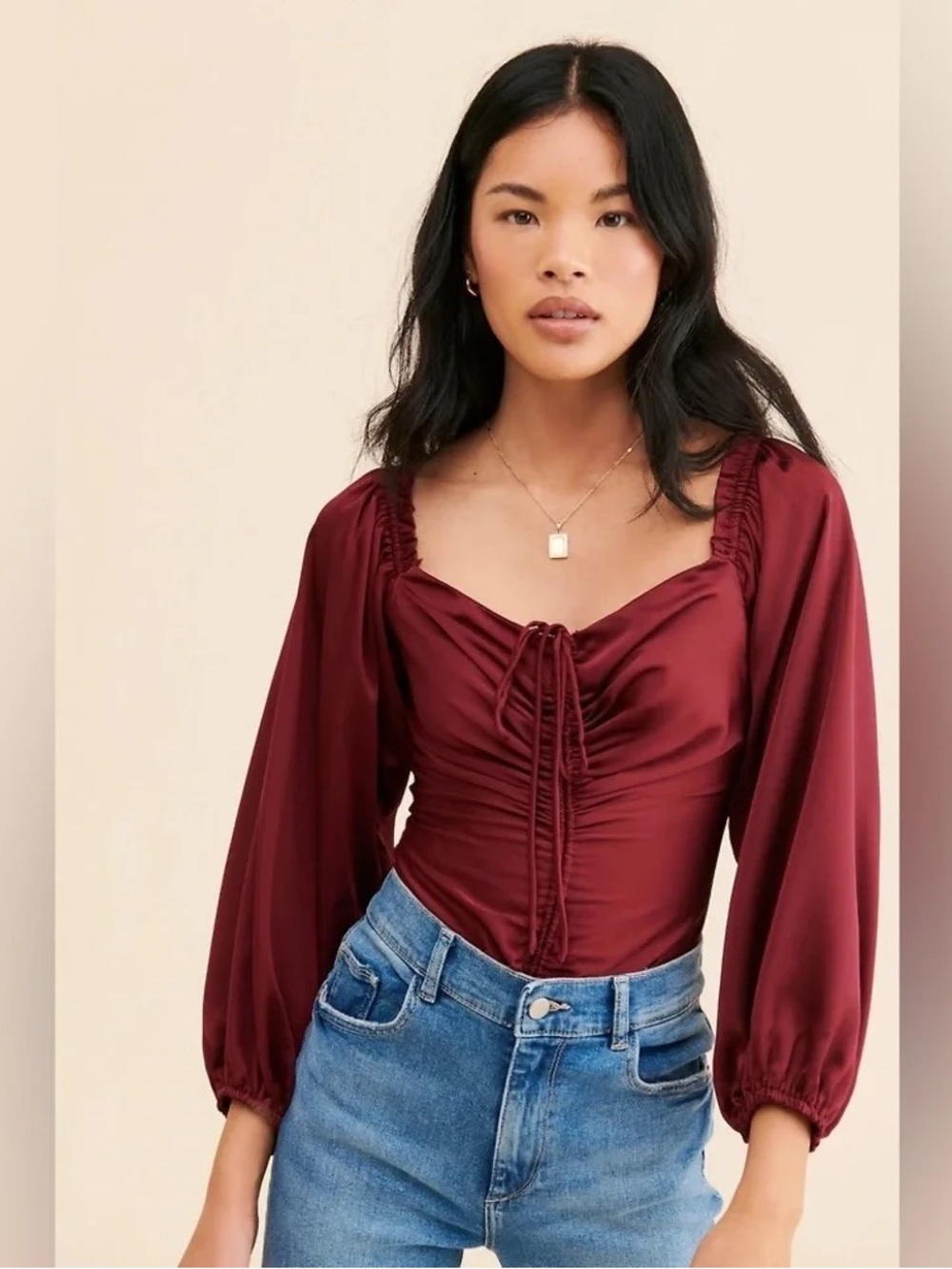 ASTR the label Ruched Silky Long-Sleeve Bodysuit - Burgundy